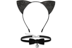 DIELOVEHUA 2PCS Gatto Cosplay Set, Orecchie Gatto e Girocollo con Campanella e Fiocco, Cerchietto Gatto, Accessori per Costume da Gatto per Donne e Ragazze Halloween Carnevale Festa, Nero