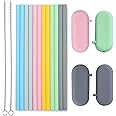 OasislandStore Silicone Straws Reusable - Odorless, 12 Standard Drinking Straws, 4 Carry Pouch, 2 Cleaning Brushes, 8 1/2" Long