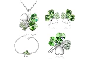 SwirlColor Damen Schmuck Kristall 4 Blättriges Kleeblatt Kette Vier Armband Glücksklee Brosche Neuheit Shamrock Ohrringe, Shamrock Schmuck Set für Mutter Tochter Freundin Frau 4pcs/Satz