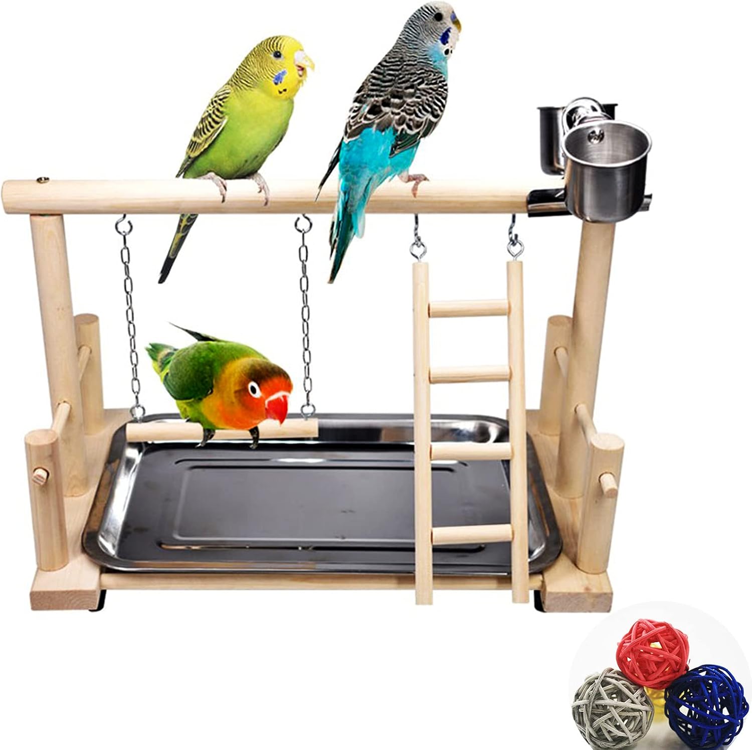 CHSEEO Área Juego Madera, Juguetes Ejercicio Playgym, Bandeja de Acero Inoxidable, Comedero para Aves, Juguete Colgante para Parrot Pájaros, Cacatúas, Conures, Periquitos, Pinzón, 36 x 23 x 25 CM