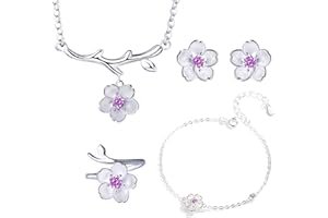 HCMA Conjuntos de Joyas de Plata 925 Collar de Flores románticas con Flores de Cerezo + Pendientes + Anillo + Pulsera para Mujer Conjunto de Joyas de Fiesta de Boda