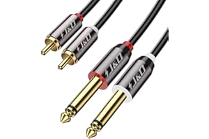 J&D 2 x 6,35 mm do 2 RCA, pozłacana miedziana powłoka wytrzymała 2 x 6,35 mm 1/4 cala męski TS do 2 RCA męski adapter stereo audio, 6 stóp