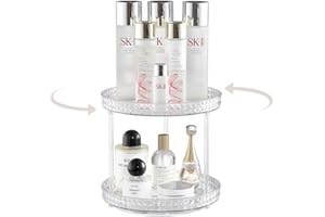 Haipky 360° Rotating Makeup Organizer Bathroom Carousel Spinning Holder Rack, Large Capacity Cosmetics Storage Vanity Shelf Countertop Fits Cosmetics, Perfume, Skin Care, Lipsticks (White, 2 Tiers)