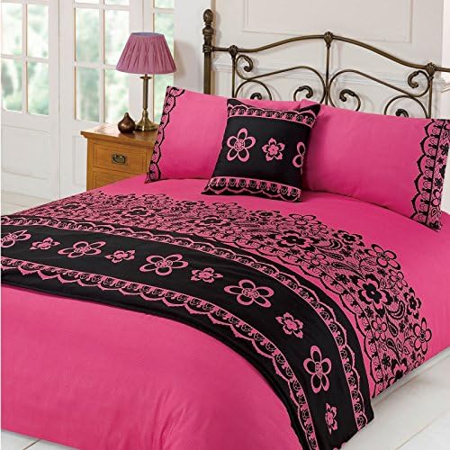 Textile Warehouse Hannah Bed in a Bag Duvet Pillowcases Runner Bedding Set Lace Pink Black Double