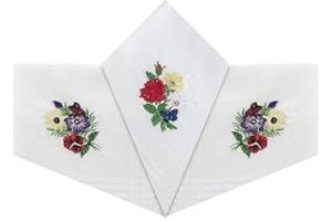 WARWICK & VANCE Pack Of 3 Womens/Ladies White Handkerchiefs, Bundle Of Flowers Embroidery With Satin Stripe Borders, 100% Cotton, 29 x 29cm
