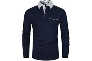 GHYUGR Men's Polo Shirt Long Sleeve Contrasting Plaid Splice Golf Tennis T-Shirt