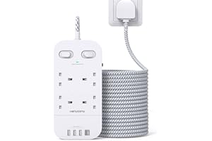 HANYCONY Extension Lead 5M, 4 Way Surge Protected Power Strip with USB C Slots, Extension Cable with Double Switches, Plug Extension Socket 5M Braided Extension Cord for Home Office Accessories