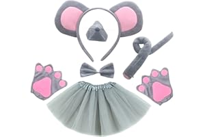 MIVAIUN 6 piezas Set de Accesorios para Disfraz de Ratón, Diadema de Ratones Orejas Nariz Pajarita Cola Falda Tutú Guantes, Elegante Accesorio de Decoración de Fiesta, Halloween Niños