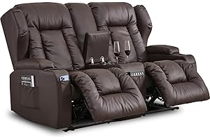 ‎SAMERY SAMERY Relaxsessel mit Liegefunktion Fernsehsessel Manuell Verstellbar, Zweisitzer Sofa Kinosessel 2 Sitzer Sofa TV Sessel Heimkino mit Konsole/Getränkehalter, Kunstleder Braun Zweisitzer
