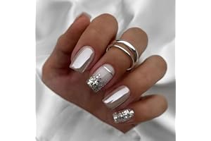 TMUT 24pcs Square False Nails Short for Women, Stick on Nails Silver Glitter Press on Nails, French False Nails, Removable Glue-on Nails Fake Nails Women Girls Nail Art Accessories