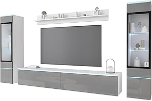 PIASKI Vera II, set di mobili da soggiorno, illuminazione a LED opzionale, set di mobili da soggiorno, diversi colori (bianco/grigio lucido, con illuminazione)