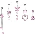 Vexquivera 5PCS Belly button bars,Dangly belly button bars,Heart Belly Bars Ring Stainless Steel Belly Button Piercing with white & Pink Gem,Belly bar,Navel Button Rings Piercing Jewellery dangly