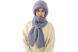 FUNLOV Integrated Ear Protection Windproof Cap Scarf,Winter Knitted 2 in 1 Scarf Ear Guard Hat,Thicked Warm Eavesless Hooded Scarf for Women (Polyester, Grey)