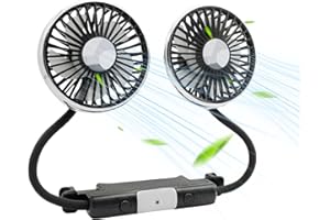 GDWD Auto Ventilator, Doppelkopf Kfz Lüfter für Rücksitz, 360 Grad Drehbarer Doppellüfter, USB Auto Fan Kühlluftventilator mit 3 Geschwindigkeiten und 2 Helligkeitsstufen LED-Licht für LKW Van SUV RV