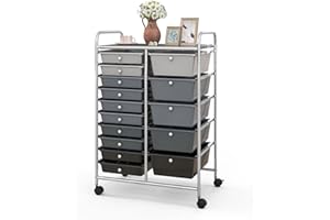 GiantexUK 15 Drawers Rolling Trolley, Utility Storage Organizer Cart with Wheels, Home Office Hairdressing Salon Shelving Organizer Unit (Gradient Black + Silver Frame)