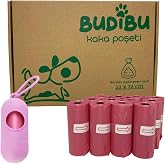 Budibu Kedi K&ouml;pek Kaka Poşeti Evcil Hayvan Dışkı Kaka Torbası Taşıma Kaps&uuml;l&uuml; ve 12 Rulo (180 Poşet) (Pembe)