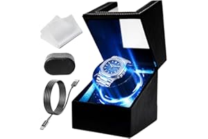 GZIZTX Single Automatic Watch Winder with LED Light, Watch Winders for 1 Watches with Quiet Motor, Soft Flexible Watch Pillow,5 Rotation Modes USB Cable(Black-LED PU Leather）