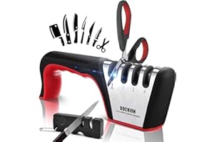 BOCHION Professional Knife Sharpener | 4 in 1 Manual Kitchen Knife & Scissor Sharpeners with Portable Camping Sharpener | 4 Stage Chef's Sharpening Tool with Non-Slip Base & Ergonomic Handle | Red