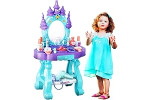 Coo11 65CM Kids Vanity Table Set with Light and Music Dressing Table with Mirror, Princess Castle-Style, Pretend Beauty Accessories, Frozen-Inspired Makeup Toy Gift for Girls Ages 3+ Years