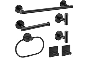 LAIMEW 7-Piece Bathroom Accessories Set, Black Towel Rail Bathroom Hardware Set, SUS304 Stainless Steel Bathroom Accessory Includes Black Towel Rail, Toilet Roll Holder, Towel Ring, and Wall Hooks