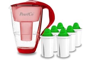 PearlCo - Filtro per Acqua in Vetro (Rosso) con 6 cartucce filtrante Alkaline Classic - Adatto per Brita Classic