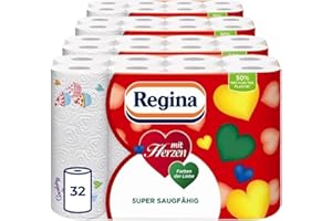 ‎REGINA Regina mit Herzen Haushaltstücher - 32 Rollen-Packung (8 x 4 Einzelpackungen), 43 Blatt 3-Lagig, Super Saugfähig, Dick, Beständig, FSC Papier