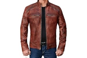 Fashion_First Mens Vintage Biker Motorcycle Distressed Brown Cafe Racer Genuine Leather Jacket