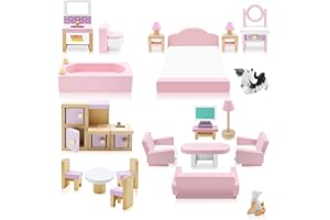 AOPIER 28Pcs Wooden Dollhouse Furniture Set, Kids Pretend Play Doll House Miniature Accessories with 5 Room Kit Including Living Room Kitchen Dining Room Bedroom Bathroom Play Education Toy for Boys Girls