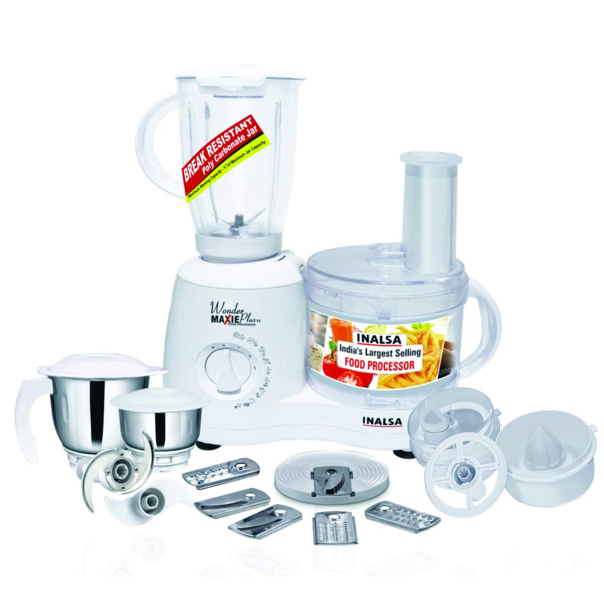 Inalsa Food Processor Wonder Maxie Plus 800 - Watt with Blender Jar, Dry Grinding Jar, Chutney Jar, 11 Accessories| 5 Yr. Warranty on Motor | Citrus and Centrifugal Juicer | Made in India | (White)