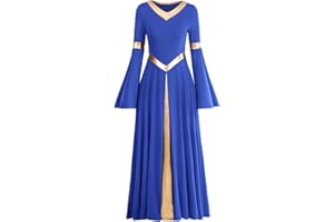 IMEKIS Women Liturgical Praise Dress Metallic Splice Lyrical Dance Dresses Long Sleeve V Neck Casual Pleated Swing Skirt Church Worship Prayer Gowns Ballroom Dancewear Costume