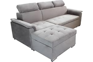 MILANI HOME S.R.L.S. Milani Home - Divano Letto Peter - Tortora - Con penisola Contenitore - Ergonomico con poggiatesta - Regolabile e Supporto Lombare - 148x88x86