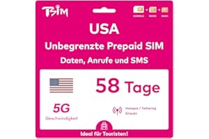 TSIM USA SIM-Karte 58 Tage. T-Mobile-Netz mit unbegrenztem Highspeed-Datenvolumen in 5G/4G/LTE | Unbegrenzte Anrufe und SMS innerhalb der USA (einschließlich Hawaii). 5G SIM-Karte!