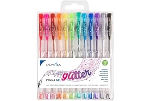 Pryma 12 Penne Gel Glitter Punta 1mm - Confezione da 12 colori vivaci: rosso, fucsia, arancione scuro, arancione, giallo, verde, verde acqua, azzurro, blu, viola, grigio, nero