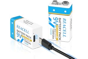 REACELL 9V Batteria ricaricabile 1300 mAh Lithium Batteria con USB-C Cavo per Rilevatori di Fumo, Sirene, Microfoni, Multimetri (2 Pezzi)