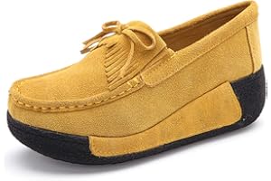 SRUQ Mocassini Donna in Pelle Scamosciata Espadrillas Basse Eleganti Classico Loafers Scarpe da Passeggio con Zeppa