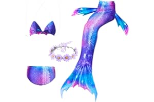 DAXIANG 3 Pièces Maillot de Bain Bikini Queue de Sirène Déguisement Princess Enfante (Il y a la Bouton de la Queue,Pouvez pour Ajouter la Monopalme) (Violet Bleu, 110(2-3 Ans))