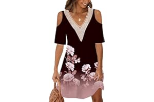 ABYOVRT Letnia sukienka damska, długość do kolan, krótki rękaw, luźna sukienka z dekoltem w kształcie litery V, sukienka plażowa w stylu boho, elegancka minisukienka z nadrukiem kwiatowym, luźna