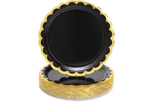 PARTY GO Set di 50 piatti di carta da 9", 23 cm, con bordo ondulato nero, per cene e dessert, grandi per stagioni, vacanze, matrimoni, feste di compleanno, decorazioni per la doccia del bambino