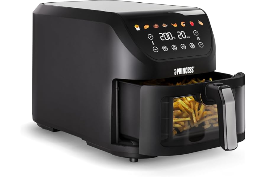Princess SlimFry Airfryer, 8L Capacity, 2000W, 8 Programs, Digital Touchscreen Display, Adjustable Temperature, Control Window, Automatic Shutdown, Washable Basket, 182257