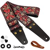 Aucuu Sangle Guitare, Sangle en Jacquard avec Extrémités en Cuir, Sangles de Guitare pour Guitare Réglable, Brodé Jacquard St