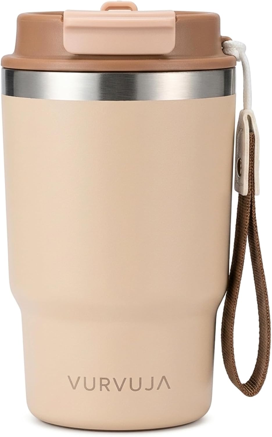 Vaso Termico 470ml de Acero Inoxidable 3en1 con Pajita y Tapa Antifugas. Taza Termica con Correa Integrada, Reutilizable y sin BPA. Termo Cafe para Llevar con Doble Pared para Frío y Calor. (Sand)