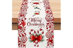 CCUUHJ Christmas Linen Red and White Candy Cane Christmas Table Runner 72 Inches Long Seasonal Winter Christmas Xmas Holiday Farmhouse Style Table Decoration (Red)