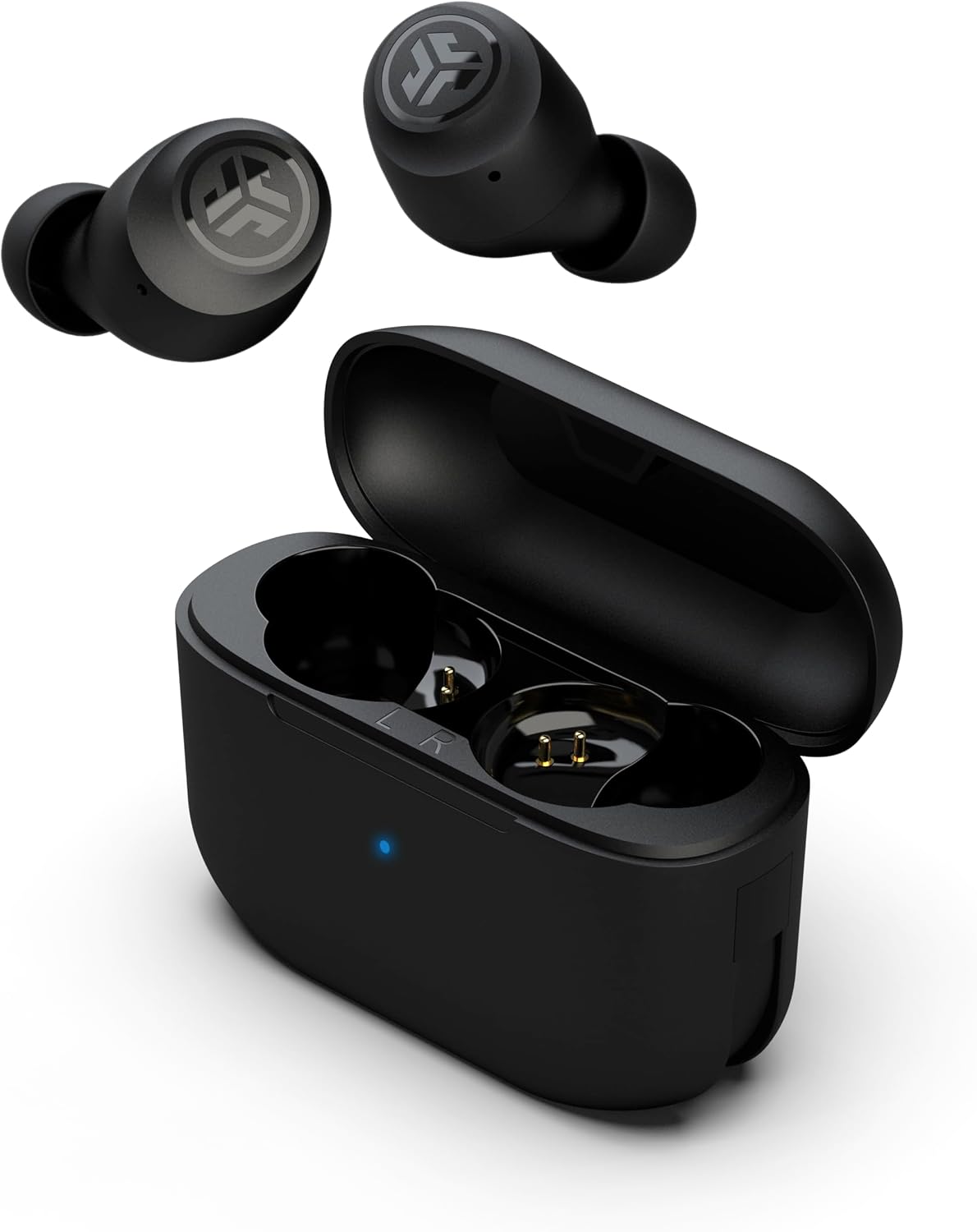 JLab Go Air Pop+ Auriculares Inalambricos Bluetooth, Wireless Earbuds 35+ Horas Rendimiento con Caja de Carga - Audifonos Bluetooth Inalambricos con Micrófono, Dual Connect, App, Negro Medianoche