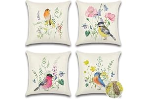 JOTOM Fundas de Cojín Impermeables para Exteriores 45x45cm Fundas de Almohada Premium Resistentes Al Agua Juego de 4 para Sofá Exterior Jardín Banco Al Aire Libre (Colorful Birds and Flowers)