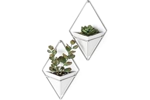 Umbra Trigg Hanging Planter Vase & Geometric Wall Decor Concrete Container - Great For Succulent Plants, Air Plant, Mini Cactus, Faux Plants and More, Set of 2, Small, White/Nickel