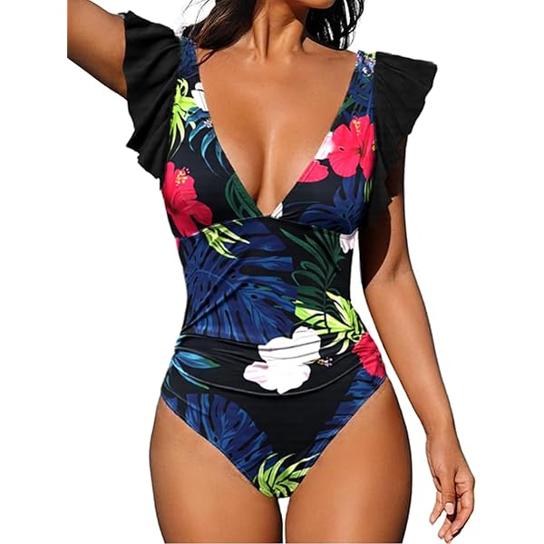 OUSIMEN Badpak Eendelig V-hals Monokinis plooien Sieruitsnijdingen Badmode Swimsuit, blauw, XL