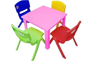 A406 Strong Kids Children Table and Chairs Set for Study, Activity Garden Indoor (Pink Table + 4 Chairs Mix)