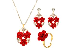 FDEETY Rosa Roja Flores Juegos de Joyas para Mujer Niña Collar Pendientes y Anillo de Rosas Juego de Joyas para Boda Prom Novia Fiesta