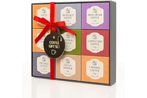 ICMINDS LUXURY HAMPERS Coffee Gift Set – 9 Flavoured Instant Coffees + Pumpkin Spice Syrup & Stencil | Latte, Mocha, Caramel, Hazelnut, Irish Cream | Ribbon-Box Gift for Coffee Lovers, Christmas, Birthday, Secret Santa