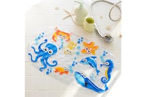 Moocuca Tappetino da bagno antiscivolo 69 x 39 cm, tappetino da bagno antiscivolo con ventosa materiale in PVC, tappetino doccia con cartone animato animali marini per bambini e neonati (polpo blu)